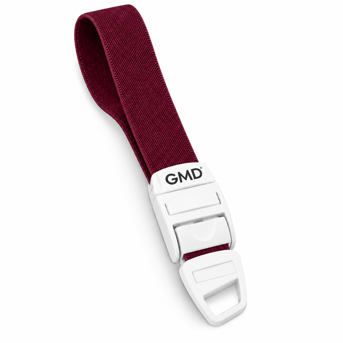 Torniquete GMD con correa elástica color vino, referencia GMD-6351-4, diseñado para apoyar procedimientos de venopunción y toma de muestras.