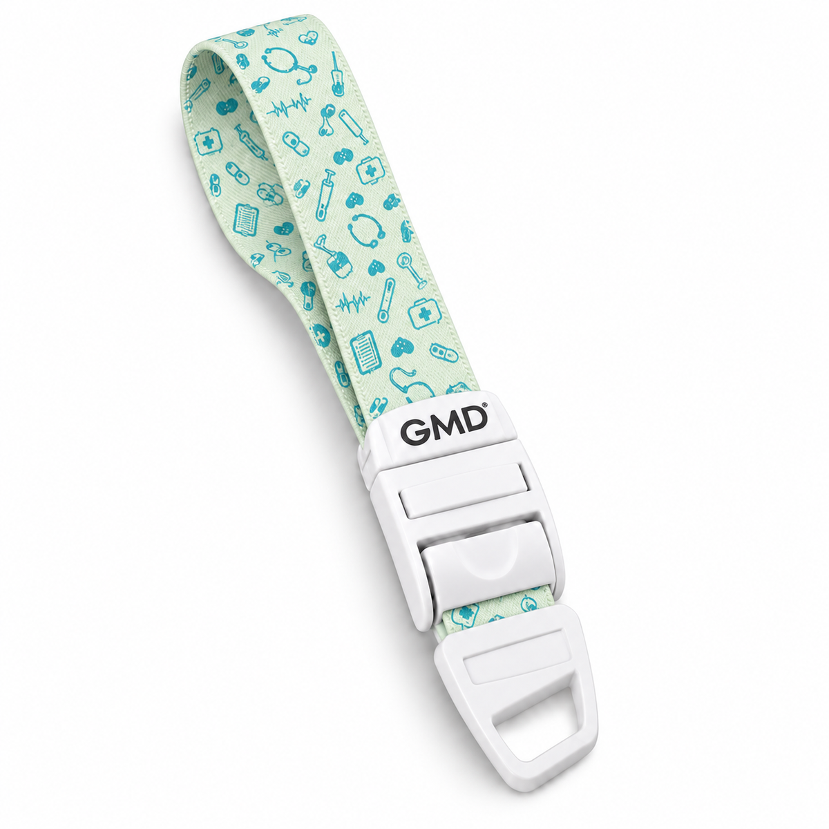 Torniquete GMD con correa elástica color verde y motivo médico, referencia GMD-6352-V3, diseñado para apoyar procedimientos de venopunción y toma de muestras.