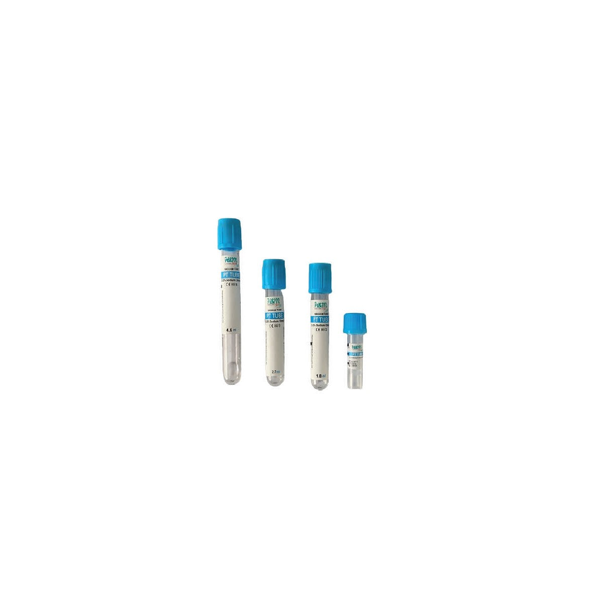 Tubo de recolección de sangre H&M de 2.7 ml con tapa azul, fabricado en plástico, ideal para análisis clínicos.