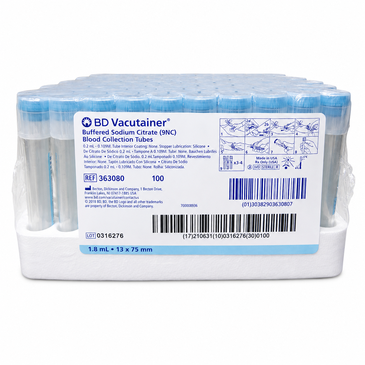 TUBO VACUTAINER AZUL B.D x 100 UND. (1.8 ml 13 x 75) 363080