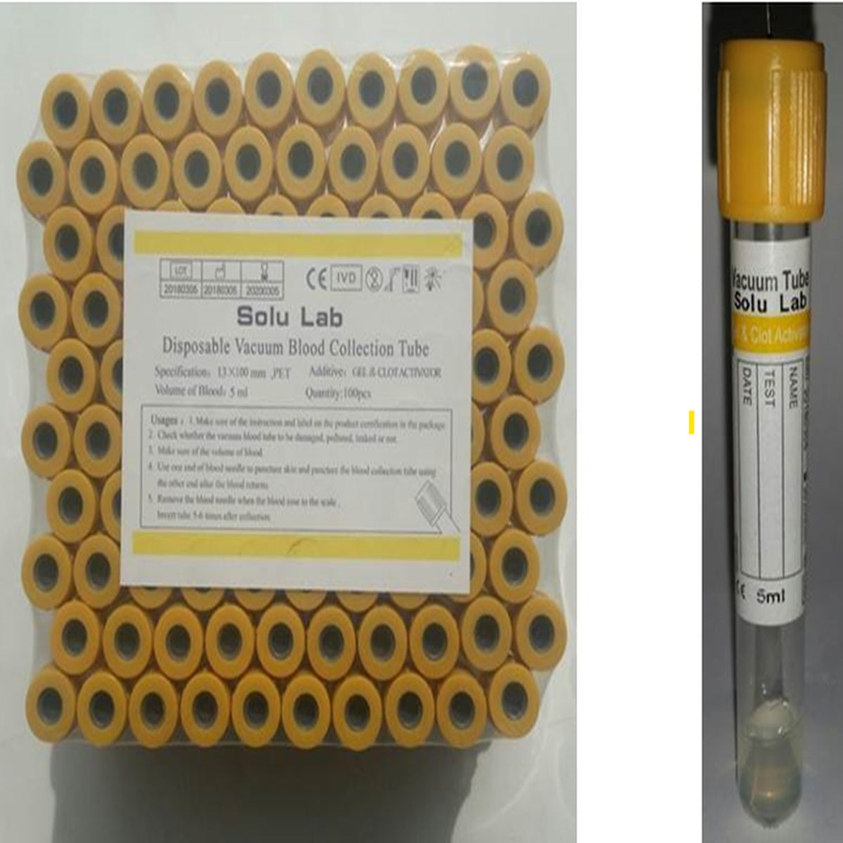 Tubo Vacutainer de 5 ml con tapa amarilla, fabricado por Solu Lab, diseñado para la recolección de muestras sanguíneas con gel separador.