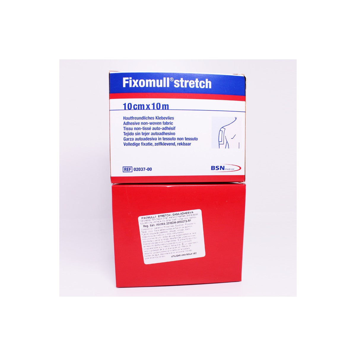 Venda adhesiva elástica FIXOMULL Stretch de 10 cm de ancho y 10 m de largo, ideal para sujeción y protección de heridas.