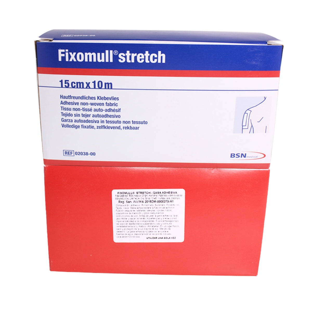 Gasa adhesiva Fixomull Stretch de 15 cm x 10 m, fabricada en poliéster no tejido con adhesivo de poliacrilato, hipoalergénica.