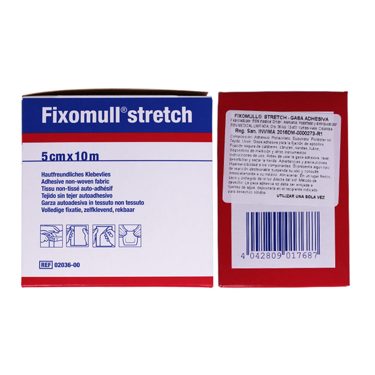 Gasa adhesiva FIXOMULL® STRETCH de 5 cm x 10 m, fabricada en poliéster no tejido con adhesivo de poliacrilato, color blanco.