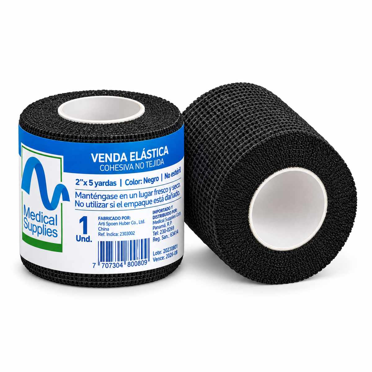 Venda cohesiva negra Medical Supplies Corp. de 2 pulgadas x 5 yardas para fijación y soporte en aplicaciones médicas.