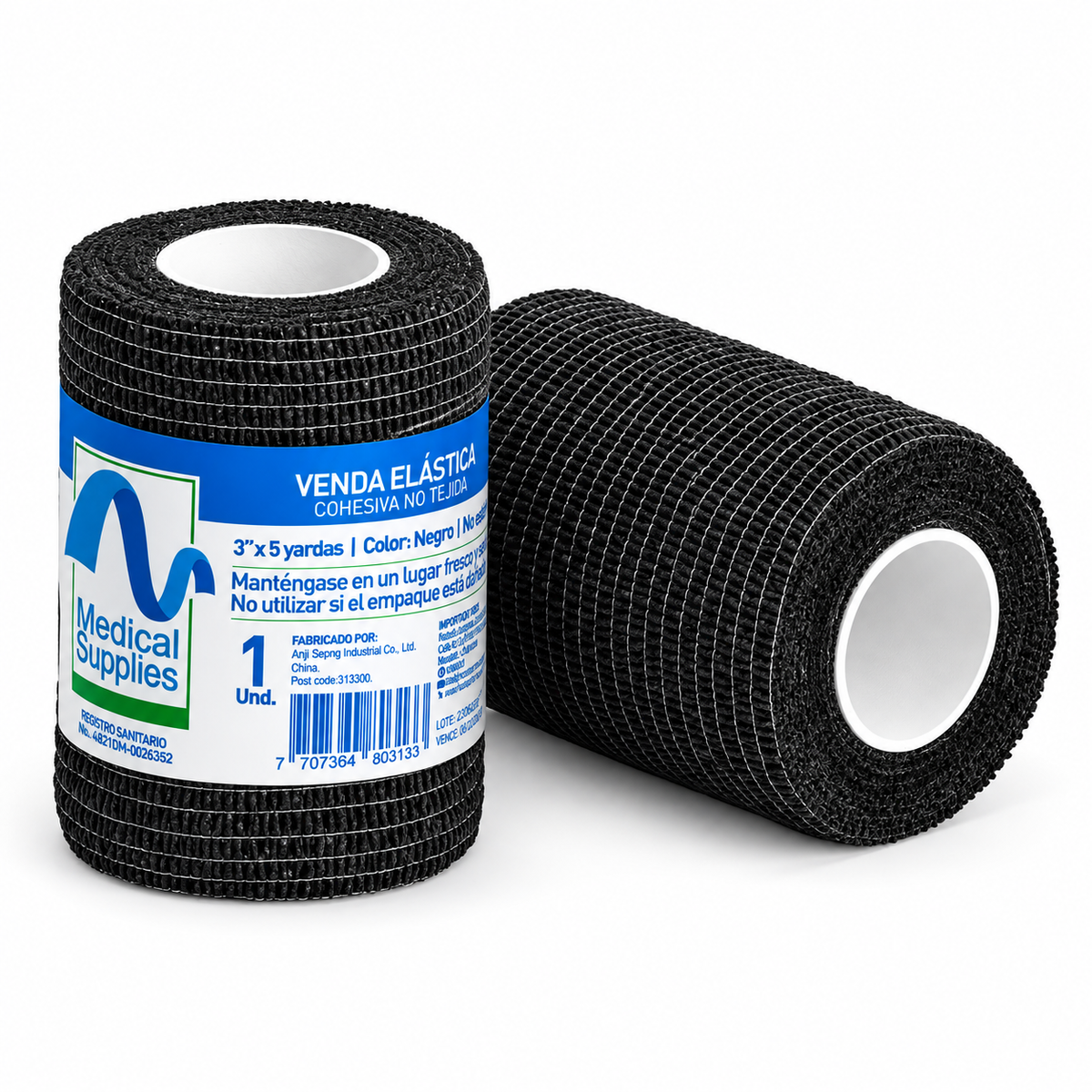 Venda cohesiva negra Medical Supplies Corp. de 3 pulgadas x 5 yardas para soporte, fijación y protección en aplicaciones médicas.