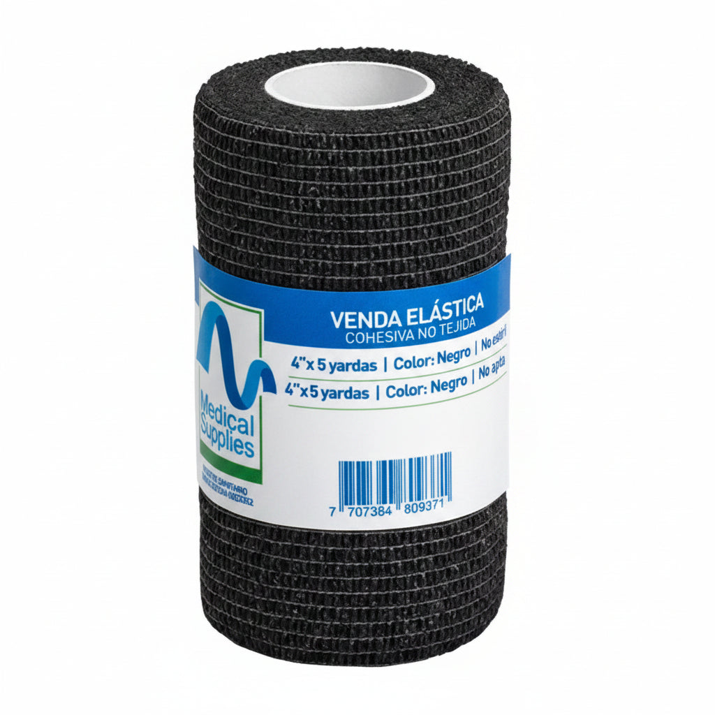 Venda Cohesiva Negra de 4" x 5 yardas, fabricada por Medical Supplies Corp, ideal para sujeción y soporte en vendajes.