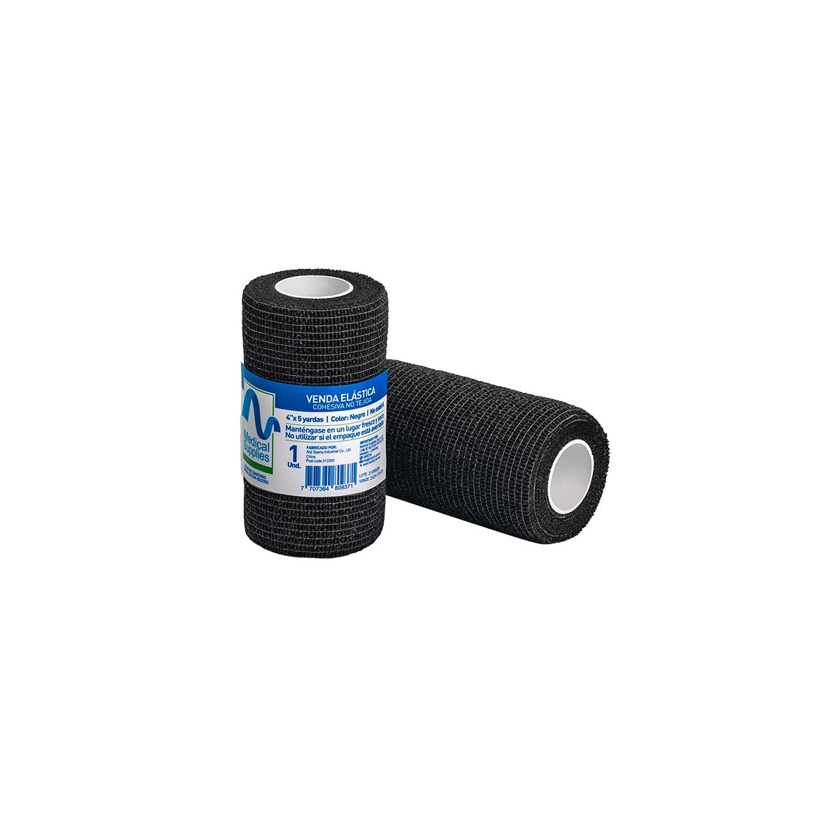 Venda Cohesiva Negra de 4" x 5 yardas, fabricada por Medical Supplies Corp, ideal para sujeción y soporte en vendajes.