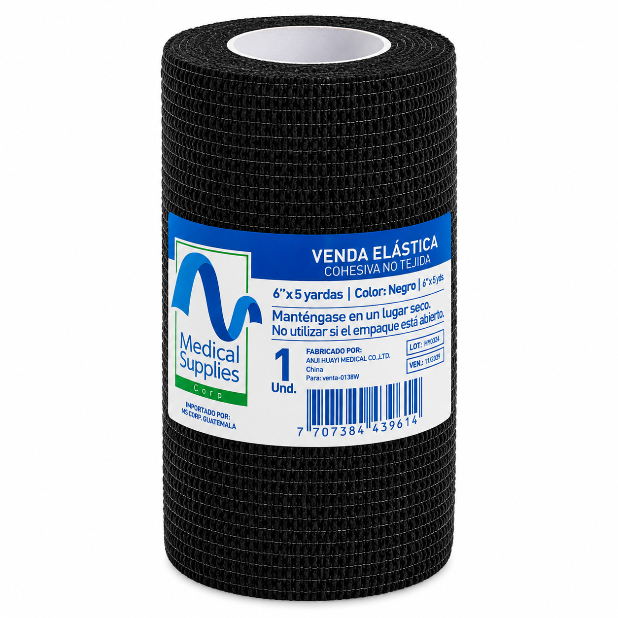 Detalle de textura y presentación de venda cohesiva negra 6 x 5 yardas Medical Supplies para compresión, soporte y fijación sin adhesivo