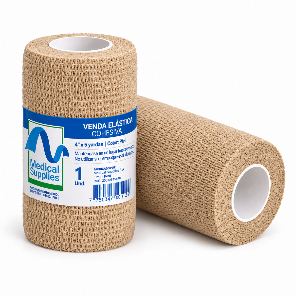 Venda cohesiva color piel Medical Supplies Corp. de 4 pulgadas x 5 yardas para soporte y fijación de vendajes.