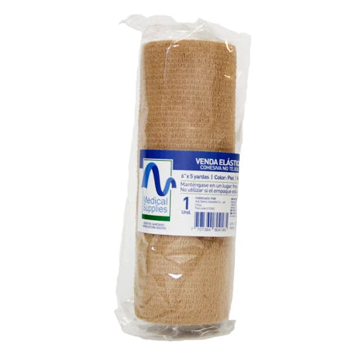 VENDA COHESIVA PIEL 6X5 YD de Medical Supplies Corp, vendaje autoadhesivo en color piel, presentado en rollo de 6 cm x 5 yardas.
