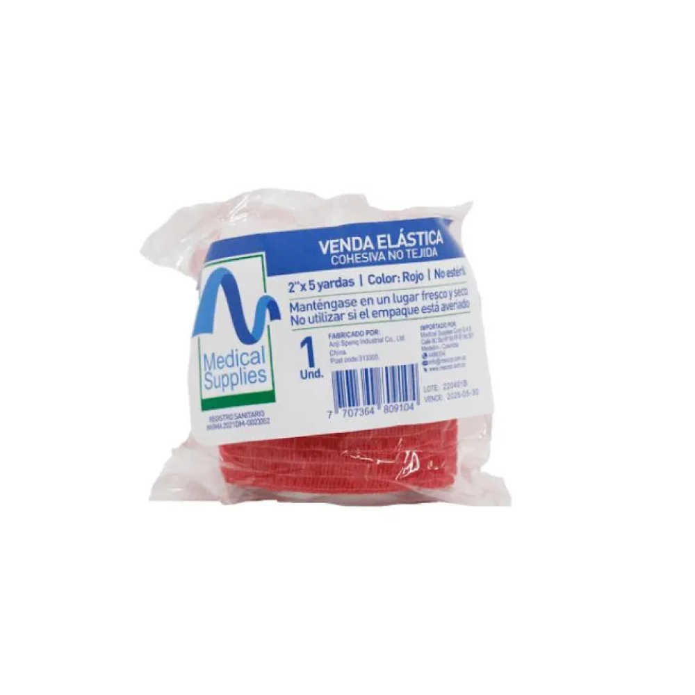 Venda cohesiva roja de 2 pulgadas x 5 yards Medical Supplies Corp para soporte, compresión y uso clínico o deportivo