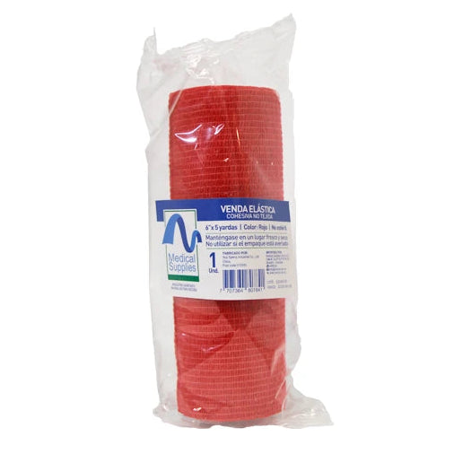Venda cohesiva roja de 6x5 yardas, fabricada por Medical Supplies Corp, ideal para sujeción y soporte en lesiones.