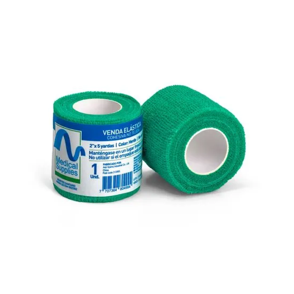 Venda cohesiva verde de 2 pulgadas x 5 yards Medical Supplies Corp para soporte, compresión y uso clínico o deportivo