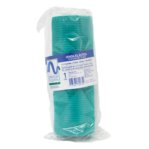 Venda cohesiva verde de 6x5 yardas, fabricada en material elástico, ideal para sujeción y soporte en aplicaciones médicas.