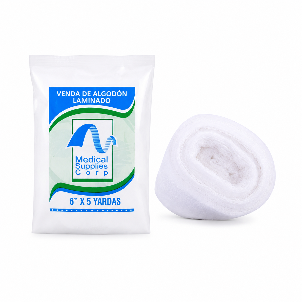 Detalle del empaque y presentación de venda de algodón laminado estéril 6 x 5 yardas Medical Supplies para protección, acolchado y fijación médica
