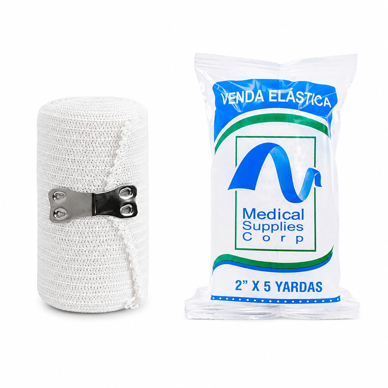 Vista del empaque y detalle de venda elástica 2 x 5 yardas color blanco Medical Supplies para compresión, soporte y fijación