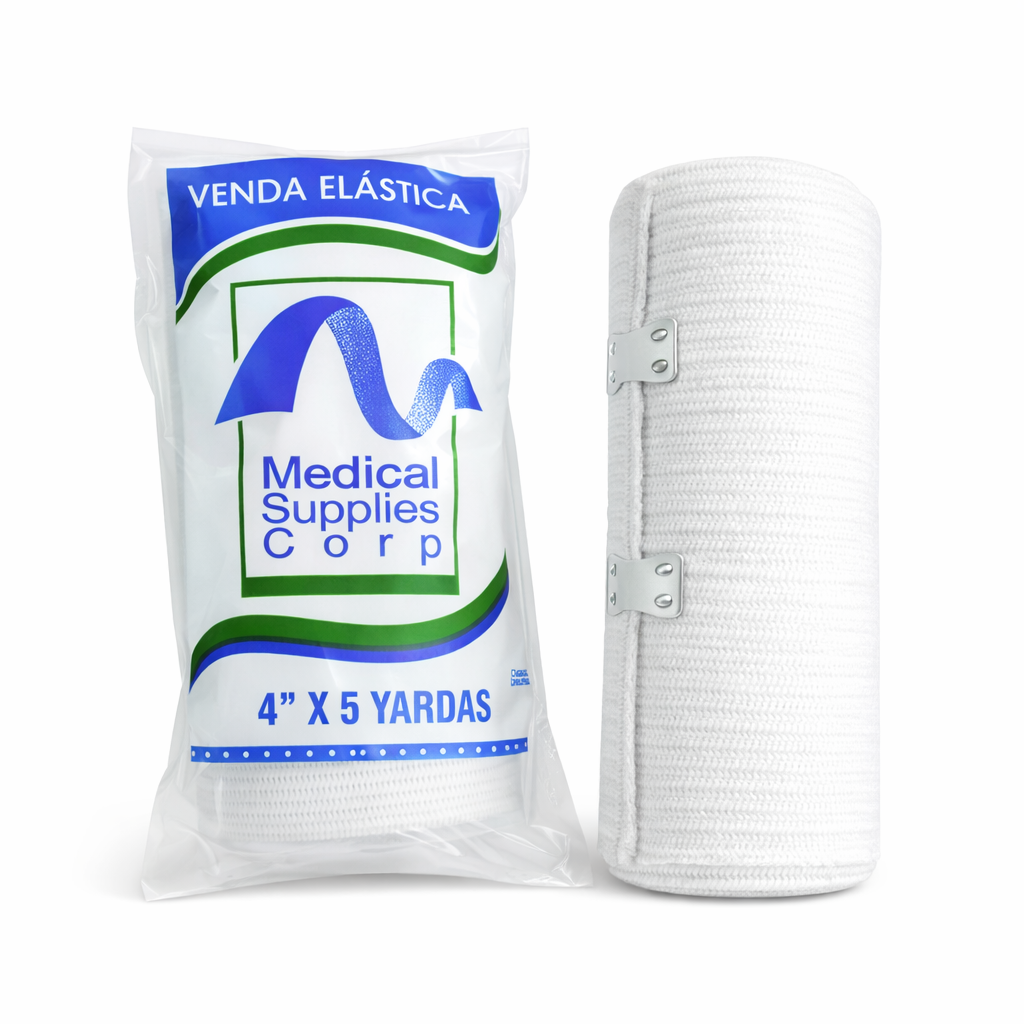 Venda elástica Medical Supplies de 4" x 5", color blanca, diseñada para soporte y compresión en lesiones.
