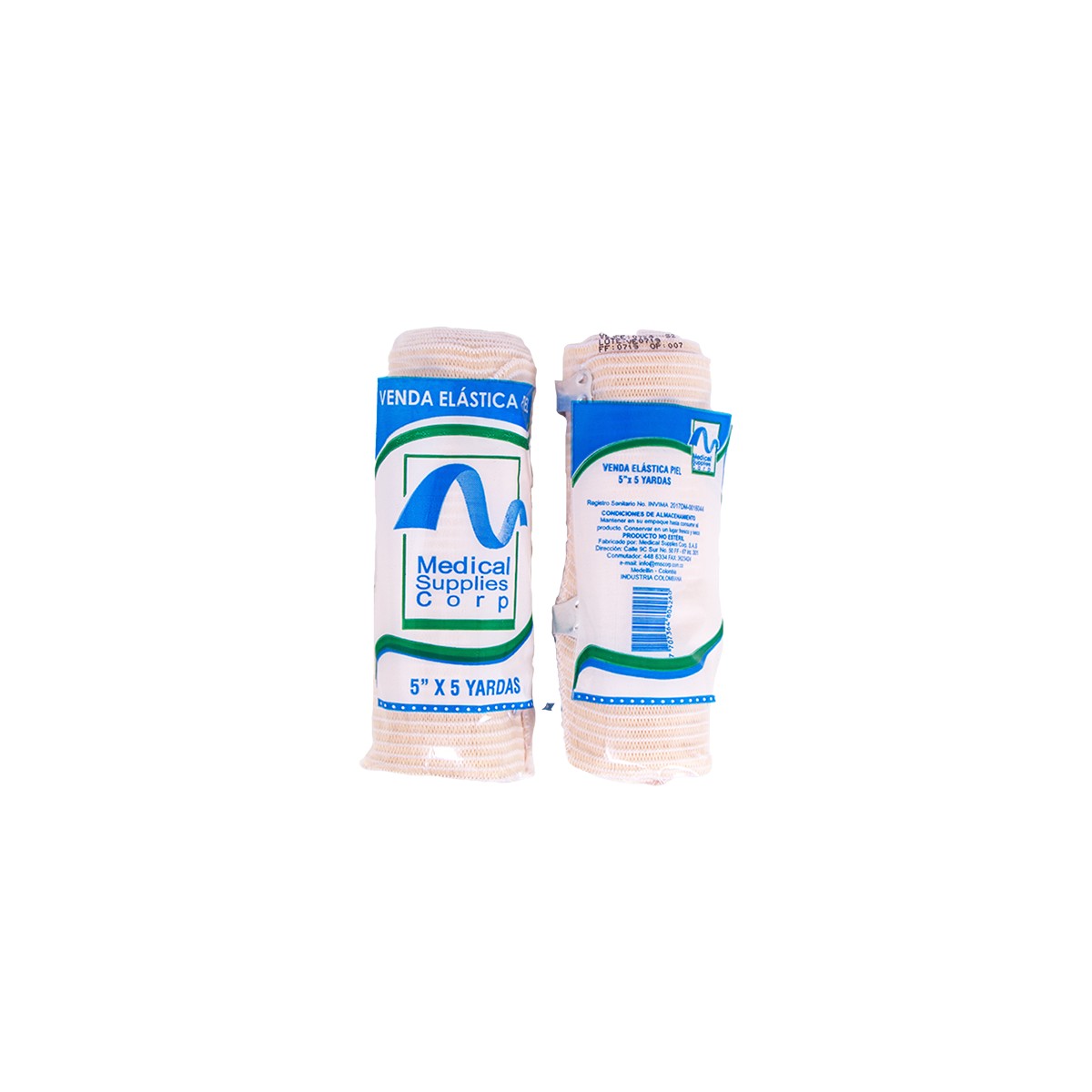 Venda elástica Medical Supplies Corp. S.A.S, 4,5 m de longitud, color blanco/piel, fabricada en poliéster y caucho de látex natural.