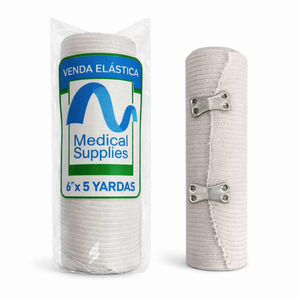 Venda elástica Medical Supplies de 6" x 5", color blanco, diseñada para proporcionar soporte y compresión en lesiones.