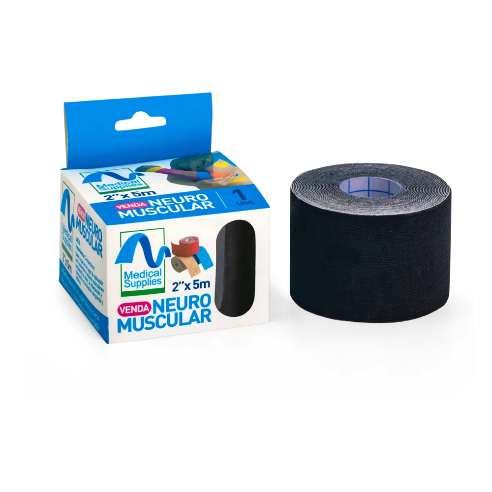 Venda kinesiológica neuromuscular negra de 2x5 metros Medical Supplies para soporte muscular y recuperación deportiva