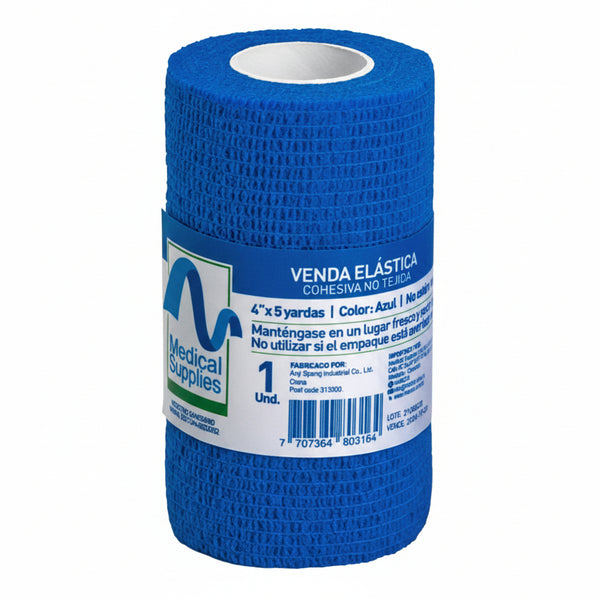 Venda Cohesiva Azul de 4" x 5 yardas, fabricada por Medical Supplies Corp, ideal para sujeción y soporte en lesiones.