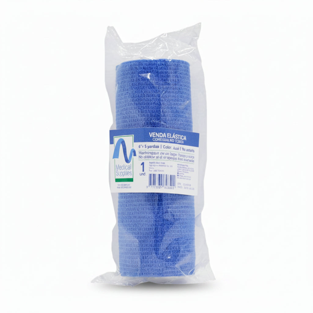 Venda elástica cohesiva no tejida de Anji Spenq, color azul, 5 cm de ancho, adaptable y transpirable, presentada en bolsa plástica.