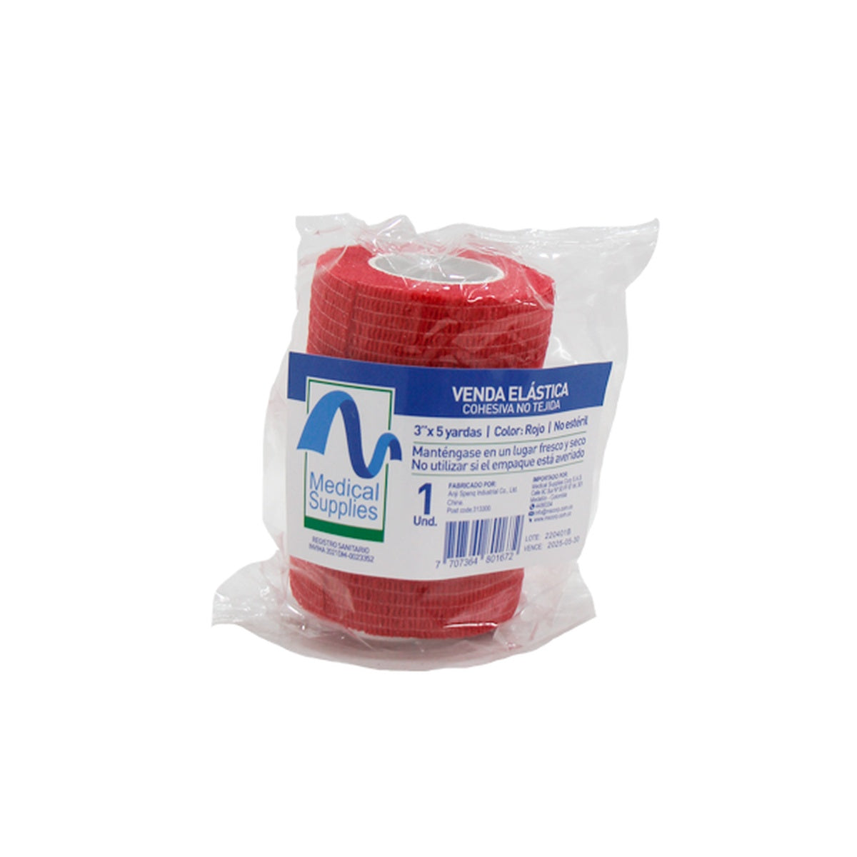 Venda elástica cohesiva no tejida roja de 3 x 5 yardas, fabricada por Anji Spenq Industrial Co., Ltd, ideal para soporte y compresión.