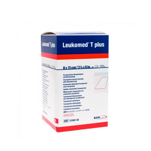 Vendaje estéril Leukomed T Plus de 8x15 cm, presentado en empaque individual, con superficie suave y adhesiva.