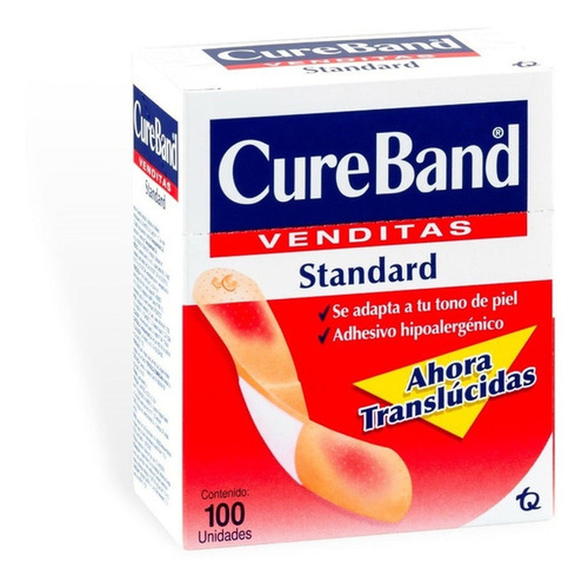Apósito adhesivo CureBand Venditas, caja de 100 unidades, con película microperforada, adhesivo hipoalergénico y cojín de gasa antiadherente.