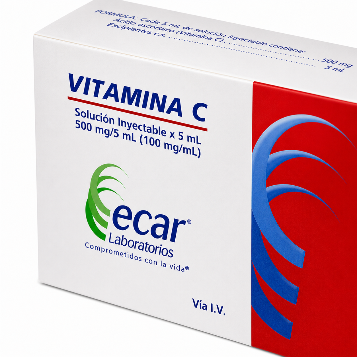 Detalle caja Vitamina C 500 mg solución inyectable Ecar con información del producto y marca