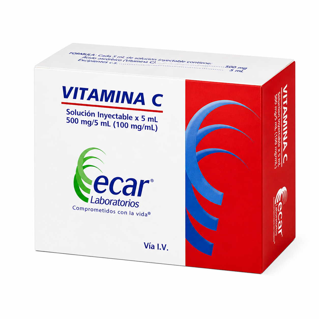 Vitamina C solución inyectable 500 mg 5 ml Ecar presentación en caja para uso intravenoso