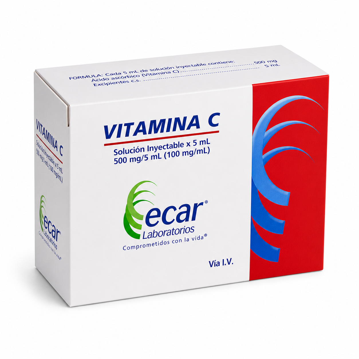 Vitamina C solución inyectable 500 mg 5 ml ampolla Ecar en caja vista en perspectiva para uso intravenoso