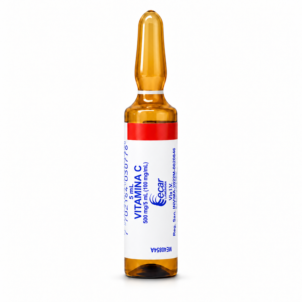 Solución inyectable de vitamina C Ecar, 500 mg/5 ml, ampolla individual para uso clínico.