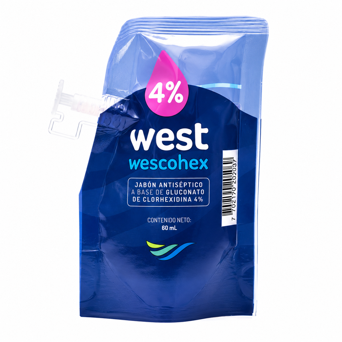 Jabón antiséptico WESCOHEX con clorhexidina al 4%, presentación en bolsa de 60 ml color rosado.