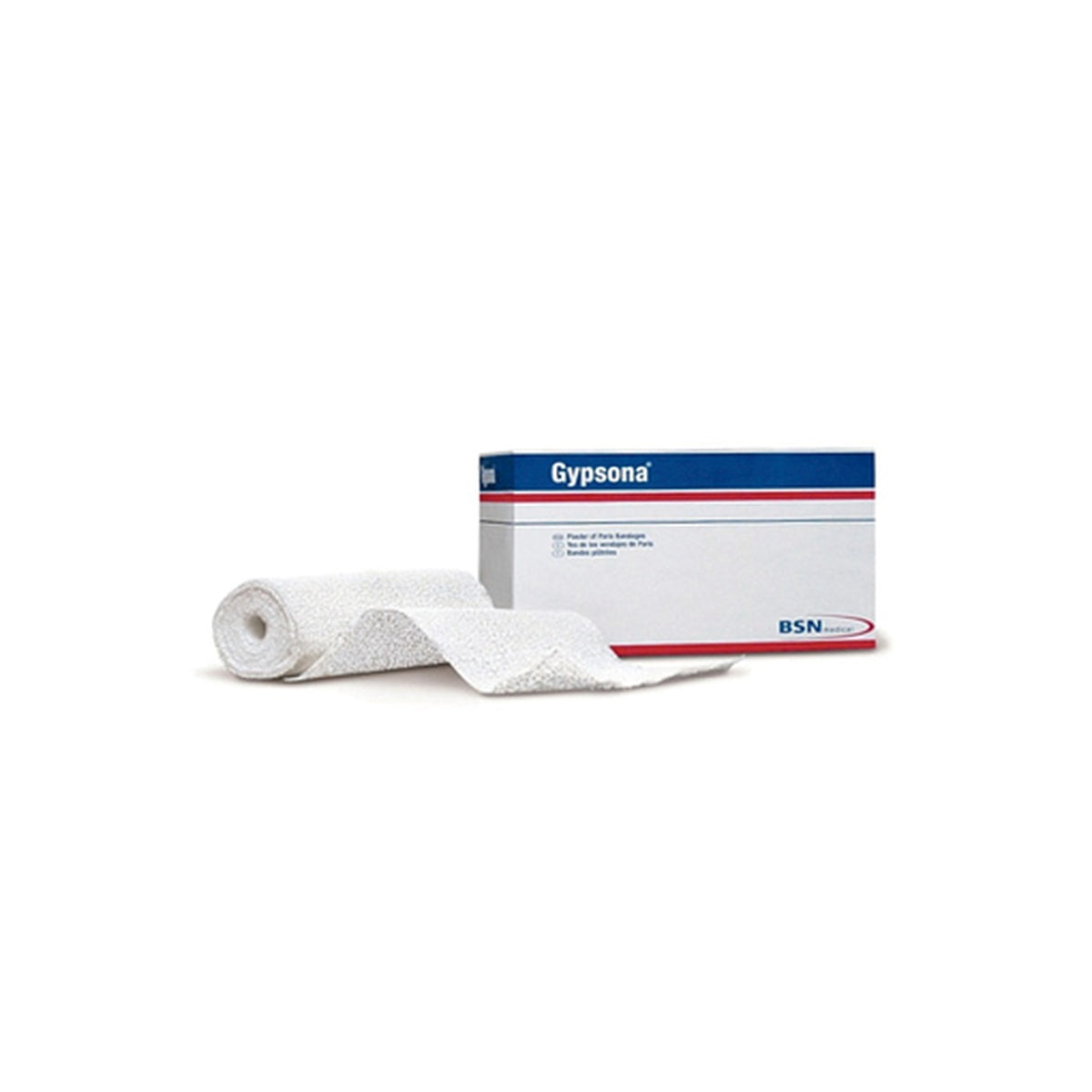 Venda de yeso GYPSONA de 4" x 5 yardas, fabricada por BSN MEDICAL, con gasa de algodón recubierta de yeso calcinado, en empaque de polipropileno.